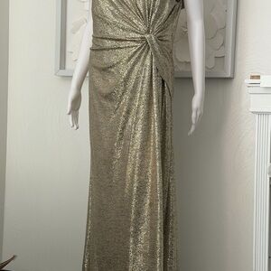 Metallic Gold Twist-Front Evening Gown